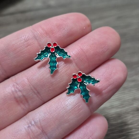 Classic Holly Berry Christmas | Green and Red Enamel Silver Tone  Stud Earrings - Picture 4 of 6